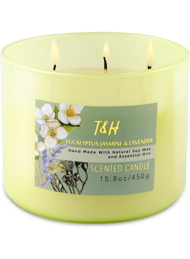 T&H Eucalyptus Jasmine Lavender Candle - Large 3 Wick Scented Candles for Home - Spring Candles - Aromatherapy Stress Relief Candles 15.8 oz, Clean Burn Natural Soy Lavender Candles for Women & Men - Image 1